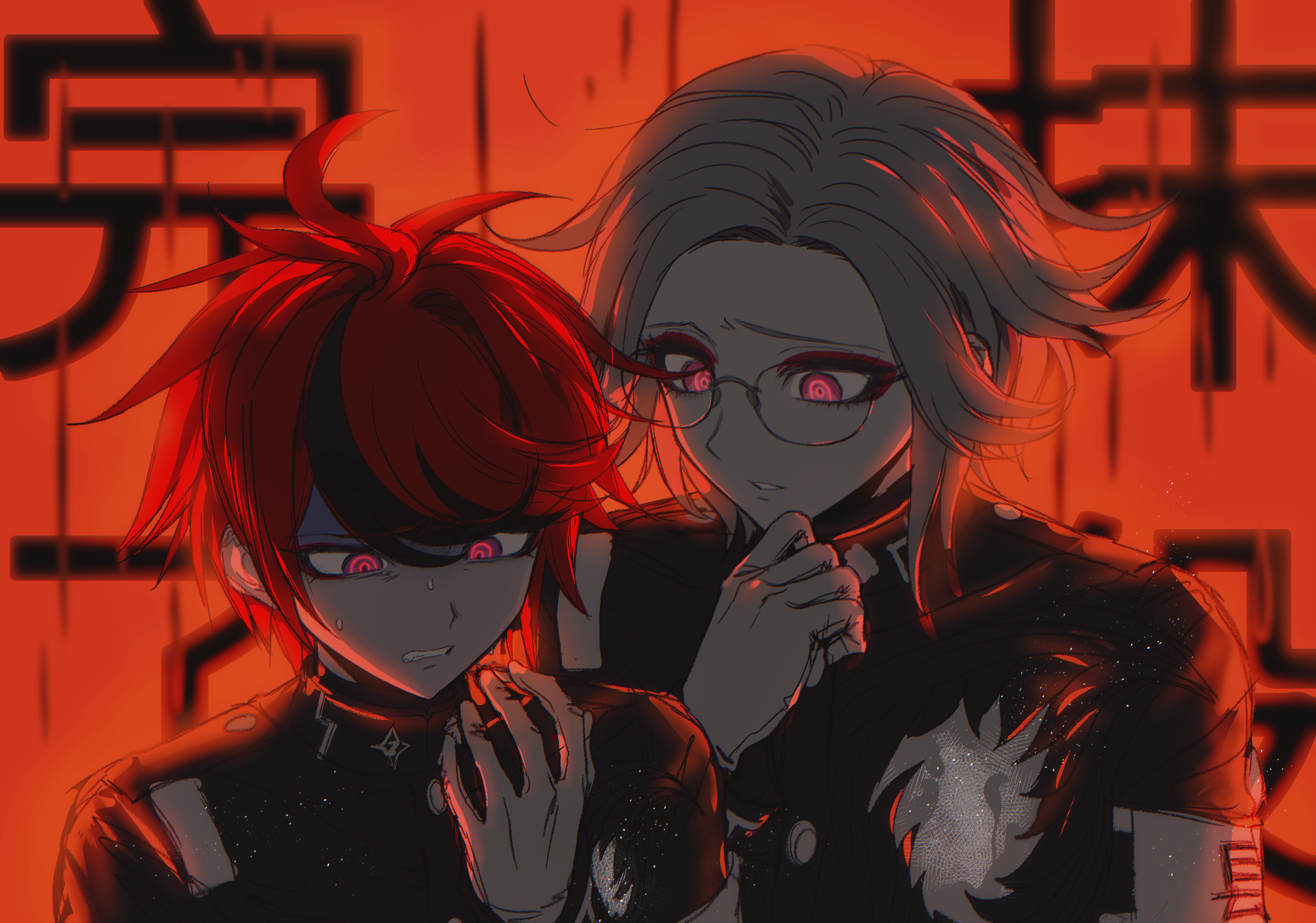 aotsuki eito, sumino takumi, the hundred line -last defense academy-, highres, 2boys, ahoge, black streaks, eyeshadow, glasses, gloves, glowing, glowing eyes, grey hair, looking at another, looking down, makeup, male focus, multiple boys, purple eyes, red eyeshadow, red hair, sweat, syuu 1125, white gloves