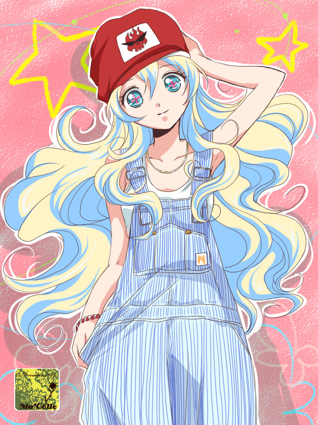 akina tsukako, nia teppelin, tengen toppa gurren lagann, 00s, 1girl, blonde hair, blue eyes, female focus, hat, head tilt, jewelry, long hair, looking at viewer, multicolored hair, necklace, overalls, solo, suspenders, symbol-shaped pupils