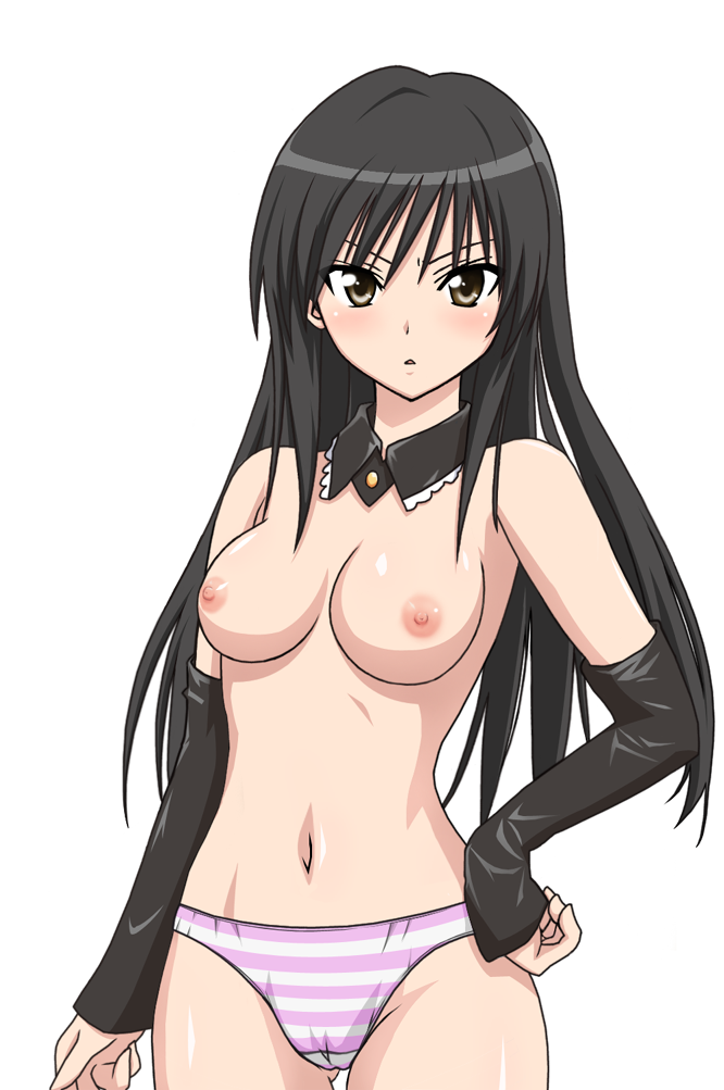 kotegawa yui, to love-ru, 00s, 1girl, black hair, blush, breasts, brown eyes, cameltoe, detached collar, detached sleeves, elbow gloves, gloves, hand on own hip, hip focus, long hair, medium breasts, navel, nipples, panties, striped clothes, striped panties, topless female, transparent background, underwear, wide hips
