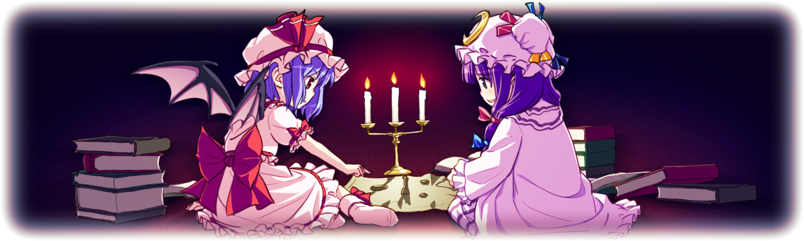 yuuki keisuke, patchouli knowledge, remilia scarlet, touhou, highres, long image, wide image, 2girls, bat wings, book, book stack, candle, female focus, hat, long hair, moon, multiple girls, purple hair, red eyes, ribbon, short hair, wings