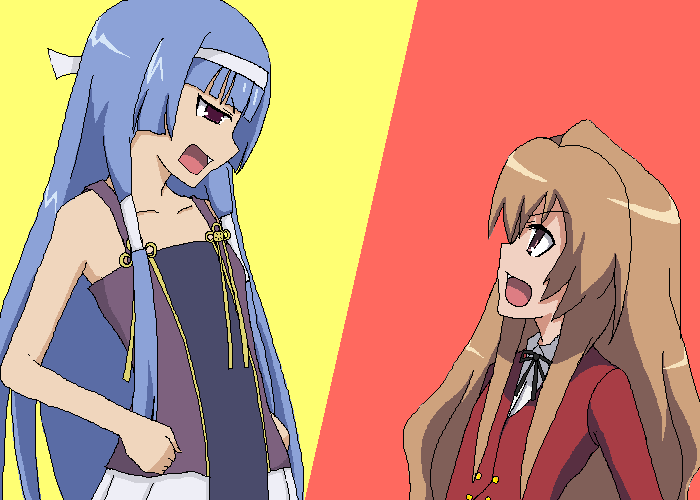 aisaka taiga, nagi, kannagi, toradora!, 00s, blue hair, blunt bangs, brown eyes, brown hair, crossover, flat chest, long hair, oekaki, purple eyes, ribbon, tsundere