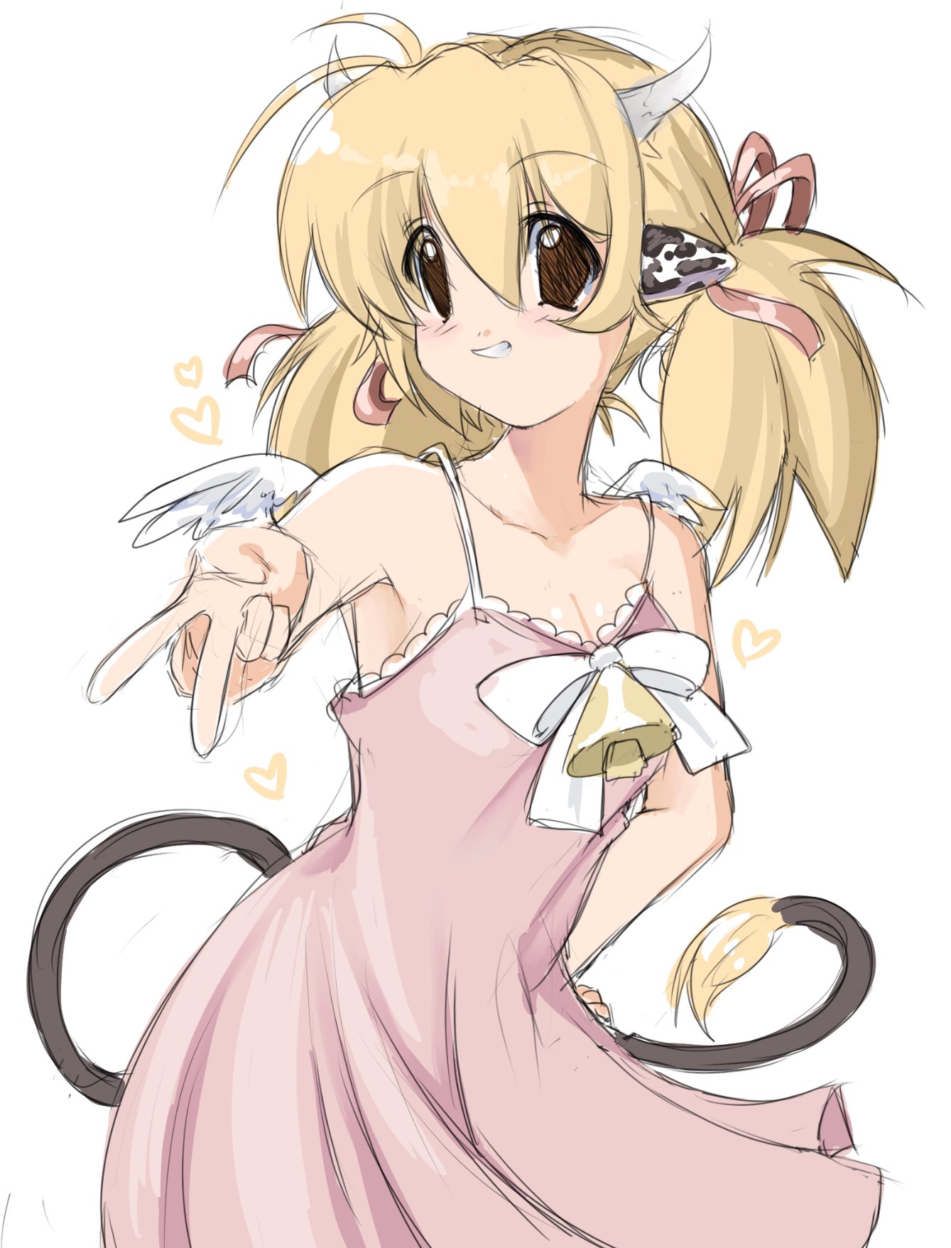 ponymoe, highres, 1girl, 2000s (style), animal ears, bell, blonde hair, blush, bow, breasts, brown eyes, cleavage, cow ears, cow girl, cow horns, cow tail, cowbell, dress, faux retro artstyle, feathered wings, grin, hair bow, horns, looking at viewer, magi stop, magical girl, mai (magi stop), pink bow, pink dress, ribbon, sketch, smile, solo, tail, twintails, white bow, wings