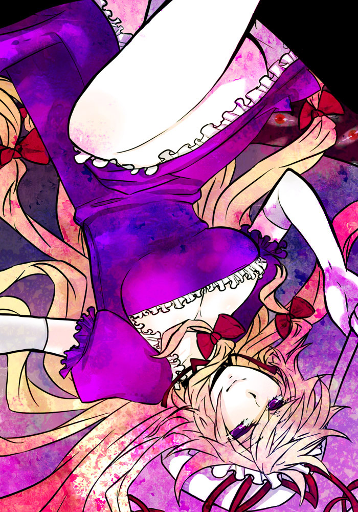 arou (pixiv16794), arou (wc), yakumo yukari, touhou, bad id, bad pixiv id, 1girl, blonde hair, breasts, dress, female focus, gloves, gradient background, hat, large breasts, long hair, pantyhose, purple hair, ribbon, smile, solo, white pantyhose