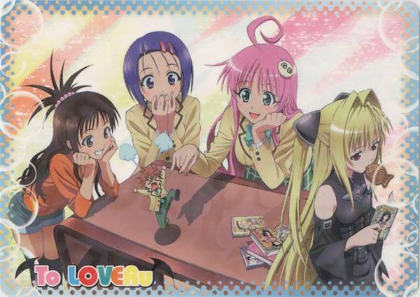 konjiki no yami, lala satalin deviluke, peke (to love-ru), sairenji haruna, yuuki mikan, yuuki rito, to love-ru, jpeg artifacts, non-web source, 00s, 1boy, 4girls, book, food, mini person, miniboy, multiple girls, open book, reading, school uniform, table, taiyaki, wagashi