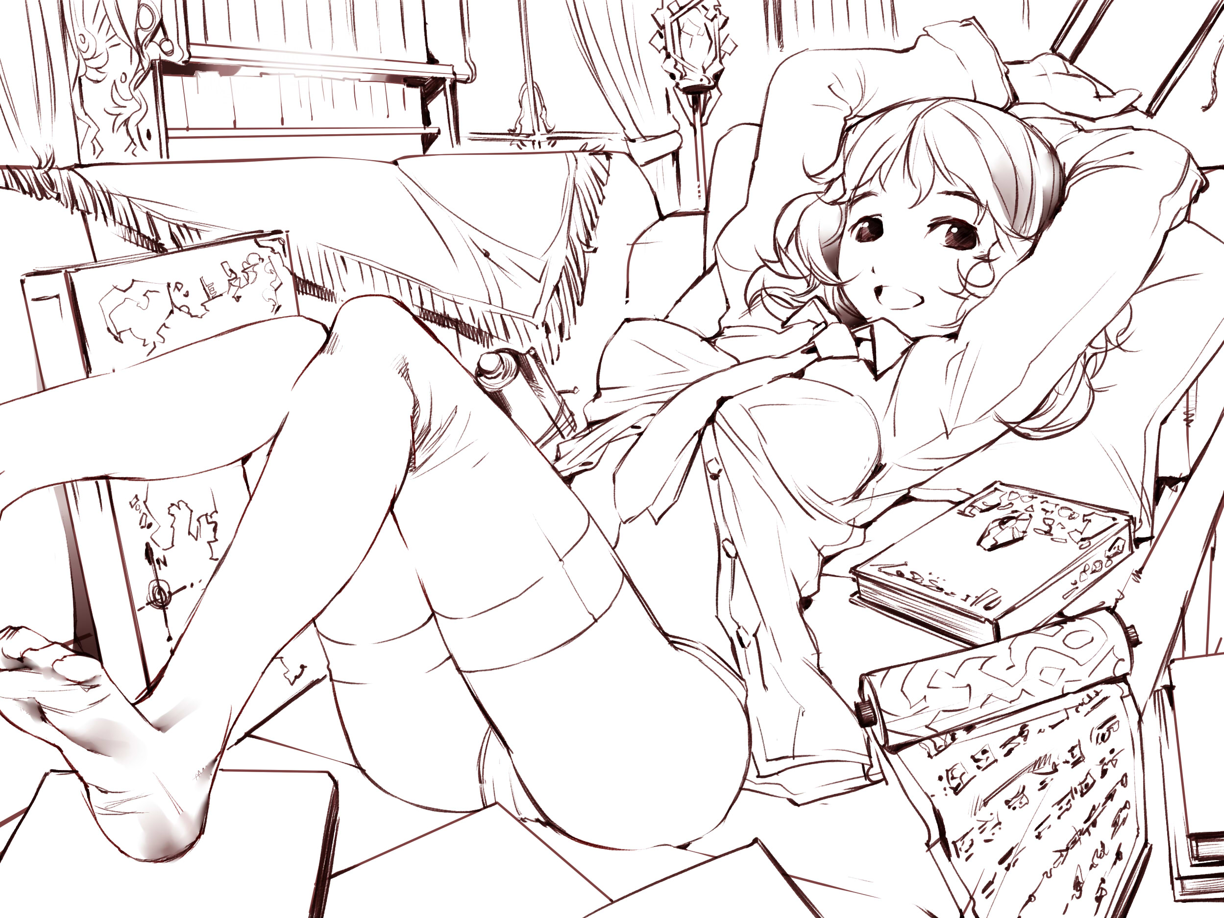 igarashi mangou, original, highres, 1girl, arms up, book, bookshelf, feet, female focus, knees together feet apart, lying, monochrome, necktie, panties, purple theme, scroll, shirt, solo, thighhighs, unbuttoned, underwear