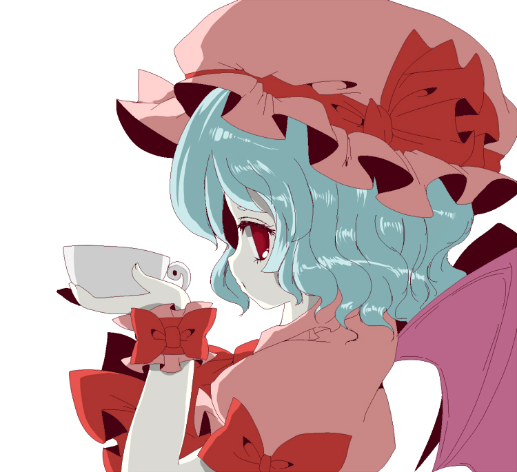 ama, remilia scarlet, touhou, 1girl, bat wings, blue hair, female focus, hat, red eyes, ribbon, short hair, simple background, solo, upper body, white background, wings