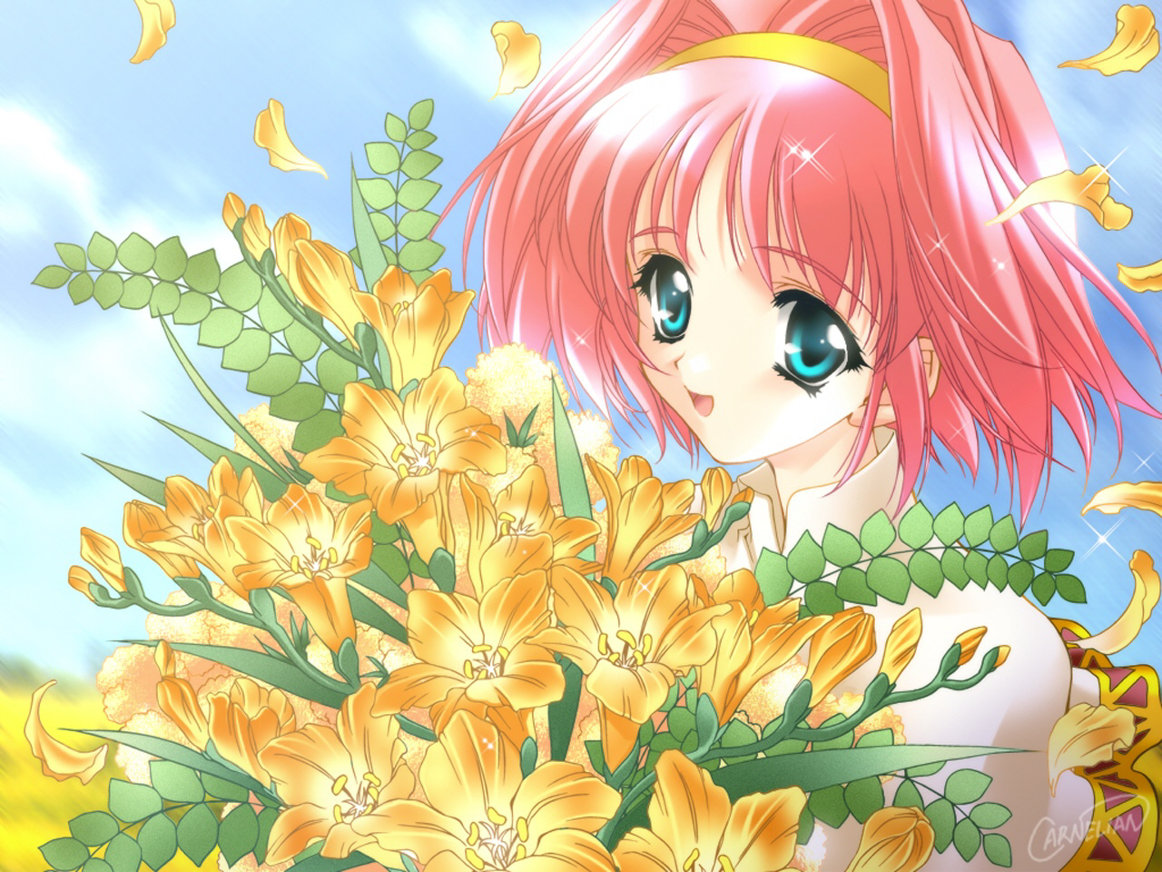 carnelian, felia, princess memory, non-web source, 00s, 1girl, blue eyes, bouquet, day, female focus, flower, freesia (flower), hair intakes, hairband, outdoors, petals, pink hair, short hair, signature, sky, solo