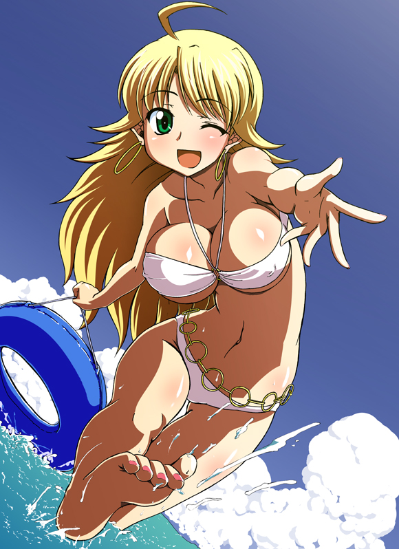 rikumoto yoshiyuki, hoshii miki, idolmaster, idolmaster (classic), toe-point, 00s, 1girl, ahoge, barefoot, belt, bikini, blonde hair, breasts, cleavage, cloud, covered erect nipples, day, earrings, feet, female focus, green eyes, hoop earrings, innertube, jewelry, large breasts, leaning forward, long hair, nail polish, navel, one eye closed, open mouth, outdoors, outstretched arm, outstretched hand, pink nails, reaching, ring, sky, solo, splashing, swim ring, swimsuit, thigh gap, thighs, toenail polish, toenails, toes, underboob, wading, water, white bikini, wink