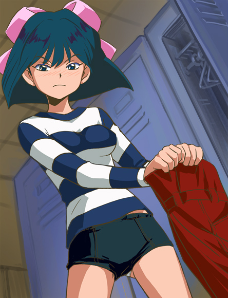 haruyama kazunori, ijigawa rui, magical taruruuto-kun, 1girl, angry, black hair, blush, bow, buruma, panties, short hair, underwear