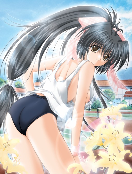 non-web source, 1girl, black hair, breasts, brown eyes, buruma, female focus, flower, large breasts, long hair, nipple slip, nipples, ponytail, sideboob, solo, undershirt