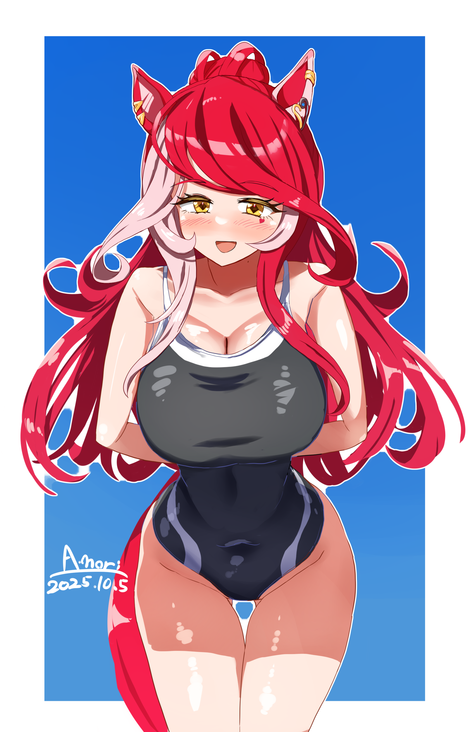 a.nori, loves only you (umamusume), umamusume, absurdres, highres, 1girl, alternate costume, animal ears, arms behind back, blush, breasts, cleavage, collarbone, competition swimsuit, groin, hair between eyes, hair ornament, horse ears, horse tail, large breasts, looking at viewer, navel, one-piece swimsuit, open mouth, red hair, simple background, solo, swimsuit, tail, yellow eyes