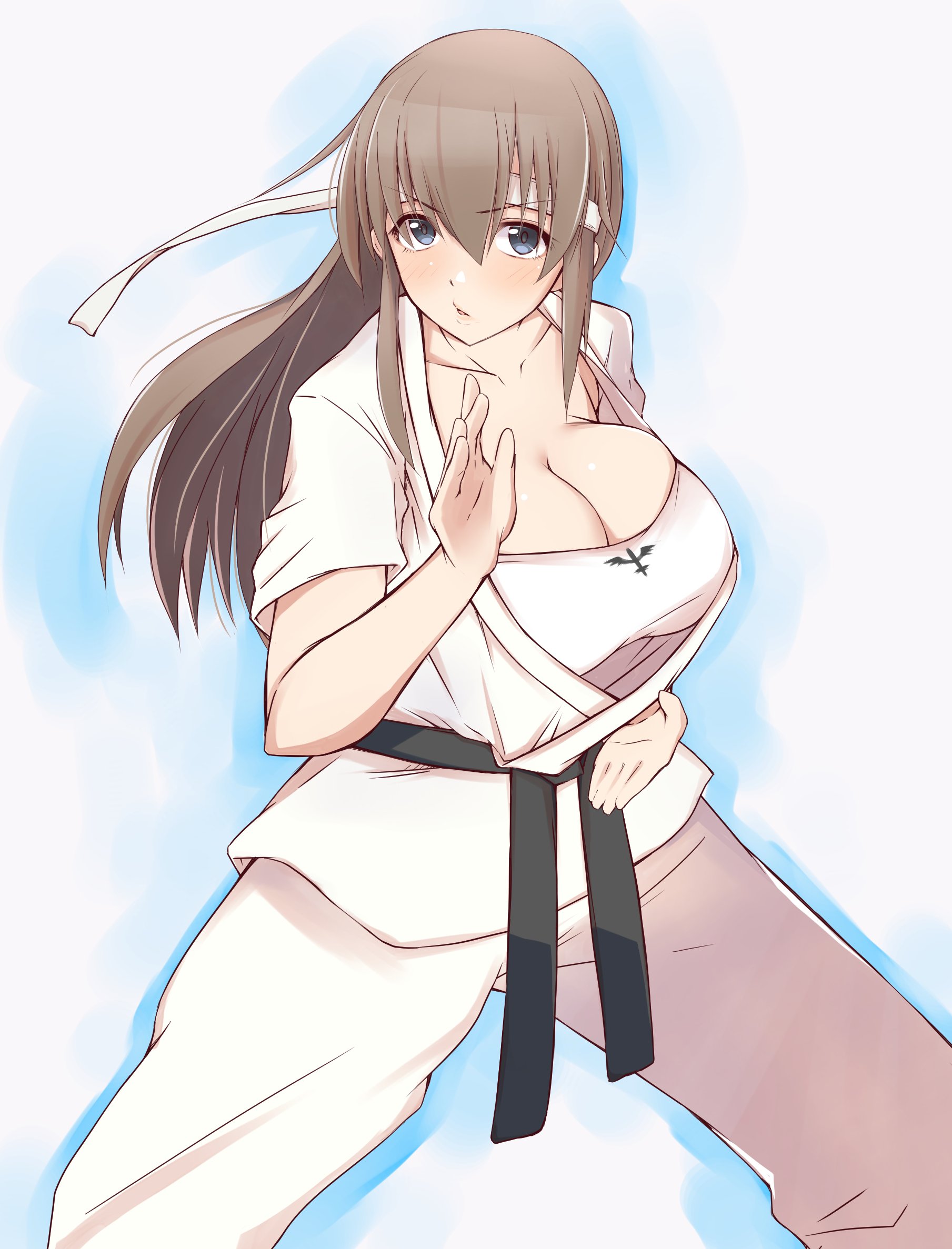 himitsu asakura, hitomi (doa), dead or alive, highres, belt, black belt, blue eyes, blush, breasts, brown hair, cleavage, dougi, hairband, karate gi, large breasts, long hair, open mouth, sidelocks, tank top, white hairband, white tank top