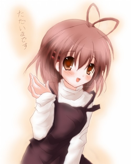 satou kuroon, furukawa nagisa, clannad, bad id, bad pixiv id, 00s, antenna hair, blush, brown eyes, brown hair, short hair, solo