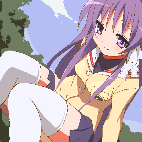 9law, noin(artist), fujibayashi kyou, clannad, bad id, bad pixiv id, lowres, 00s, long hair, oekaki, purple eyes, purple hair, ribbon, school uniform, thighhighs