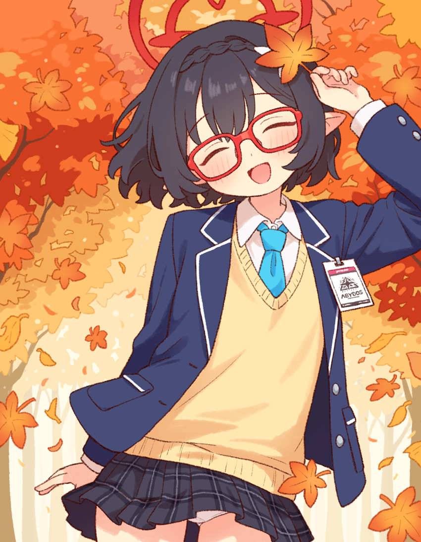 onyhakase, ayane (blue archive), blue archive, 1girl, autumn leaves, black hair, blue necktie, closed eyes, collared shirt, glasses, halo, jacket, leaf, necktie, open mouth, panties, pantyshot, pleated skirt, pointy ears, red-framed eyewear, red halo, shirt, short hair, skirt, solo, underwear, white panties, white shirt