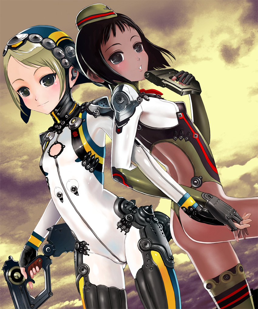 nagasawa shin, bad id, bad pixiv id, ass, black hair, blush, bodysuit, dark-skinned female, dark skin, flat chest, gun, holding hands, short hair, smile, thighhighs, weapon