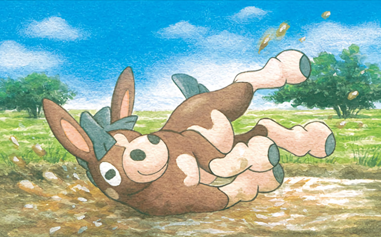 kimura naoyo, mudbray, nintendo, pokemon, pokemon tcg, commentary, official art, third-party source, animal focus, blue sky, closed mouth, cloud, day, full body, gen 7 pokemon, grass, lying, mud, no humans, nostrils, on side, outdoors, pokemon (creature), pokemon focus, sky, smile, solo, tree