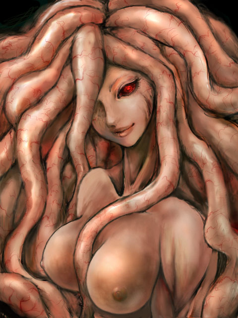 gnt, yayuran, god hand (berserk), slan (berserk), berserk, bad id, bad pixiv id, 1990s (style), 1girl, angel, breasts, demon, female focus, monster girl, nipples, nude, red eyes, retro artstyle, solo, tentacles