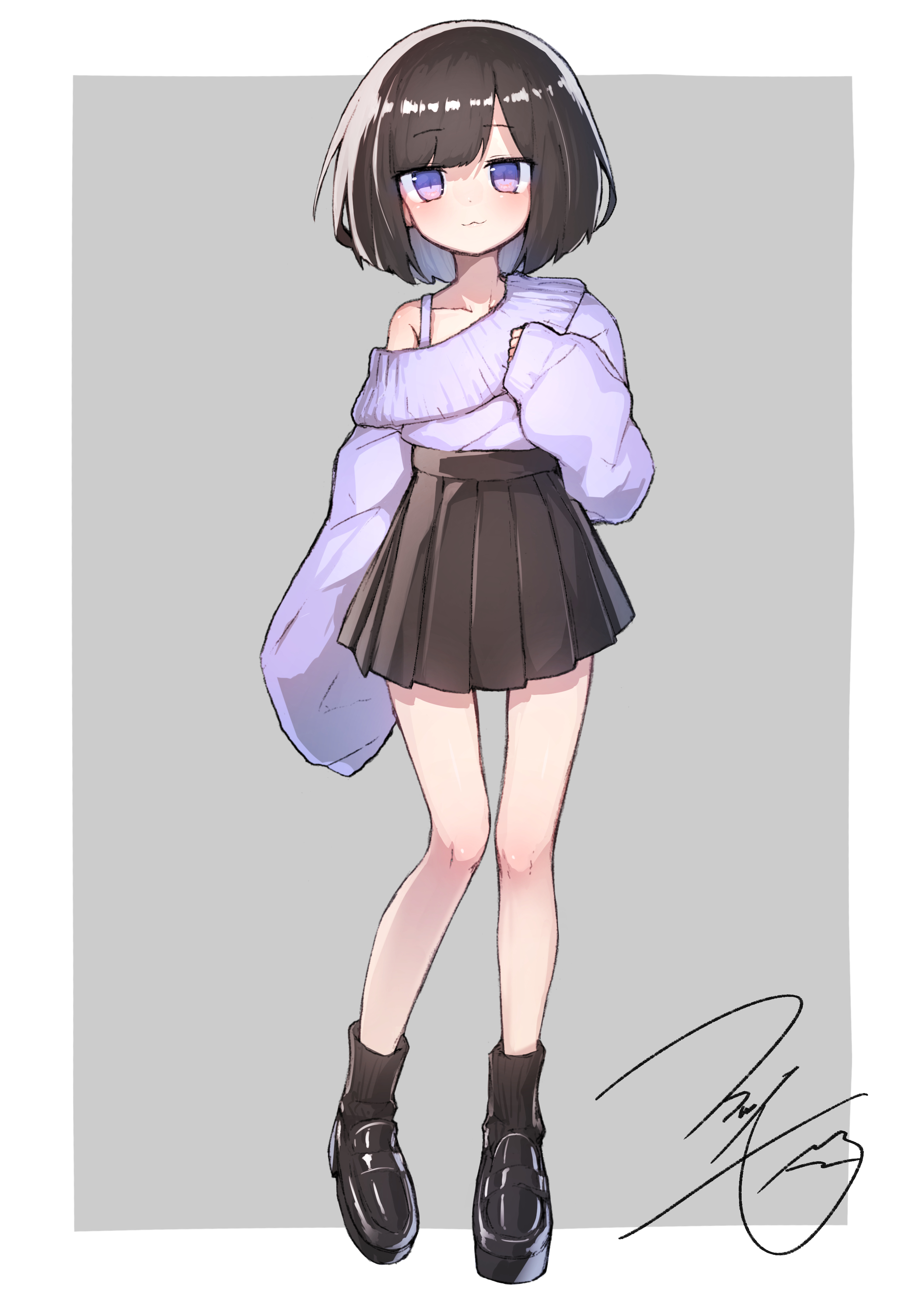 fukutchi, kouhai-chan (fukutchi), original, absurdres, commentary request, highres, 1girl, :3, black socks, bob cut, brown hair, casual, full body, hand on own chest, light blush, long sleeves, low block heels, medium hair, off shoulder, pleated skirt, purple eyes, shoes, signature, skirt, socks, solo, two-tone background