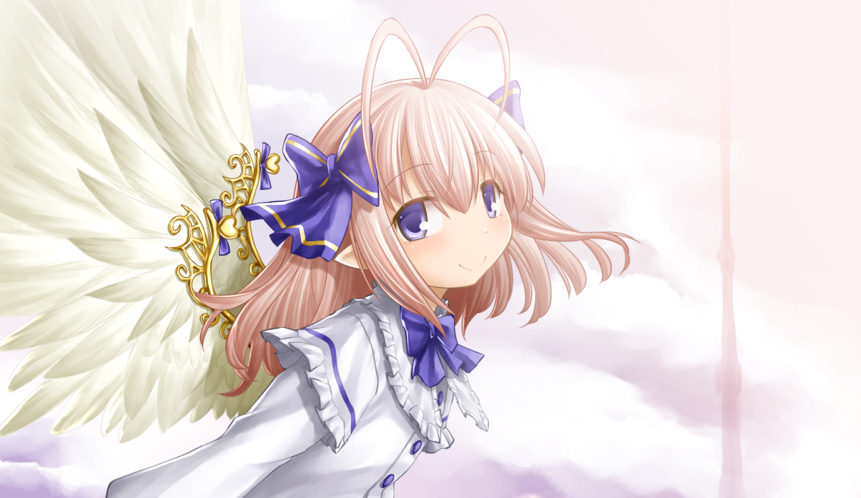 kasuga yukihito, angel feather alma, emil chronicle online, 1girl, antenna hair, blue bow, blue eyes, blue ribbon, bow, bowtie, breasts, capelet, dress, frilled capelet, frills, from side, hair ribbon, looking at viewer, pointy ears, ribbon, small breasts, solo, upper body, white capelet, white dress, white hair, white wings, wing ornament, wings