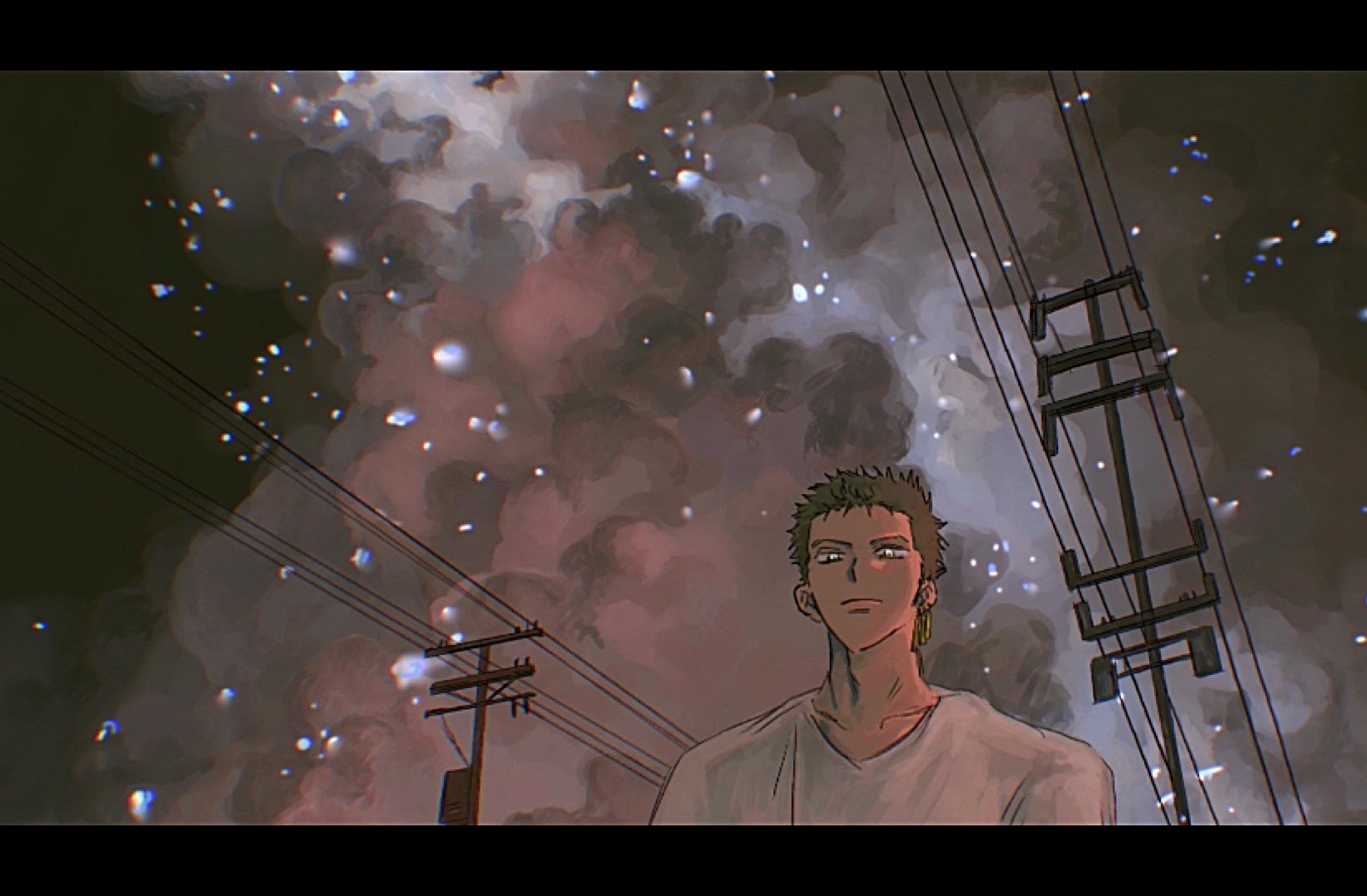 roronoa zoro, one piece, highres, 1boy, broad shoulders, closed mouth, collarbone, contemporary, green hair, letterboxed, male focus, muka 111, power lines, shirt, short hair, smoke, solo, upper body, utility pole, white shirt