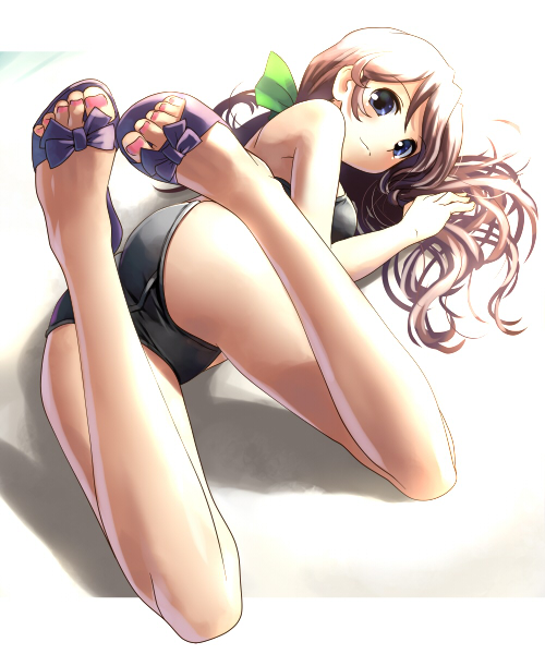 katahira masashi, original, 1girl, ass, bad feet, bikini, black bikini, brown hair, feet, female focus, foreshortening, full body, grey eyes, nail polish, pink nails, sandals, slippers, solo, swimsuit, toenail polish, toenails