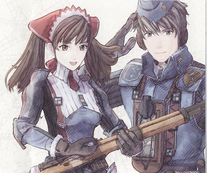 honjou raita, alicia melchiott, welkin gunther, senjou no valkyria, senjou no valkyria (series), senjou no valkyria 1, striped, official art, 00s, 1boy, 1girl, black hair, brown eyes, brown hair, garrison cap, gloves, gradient background, grey eyes, gun, hair ornament, hat, long hair, military, military uniform, necktie, rifle, salute, short hair, turtleneck, twintails, weapon