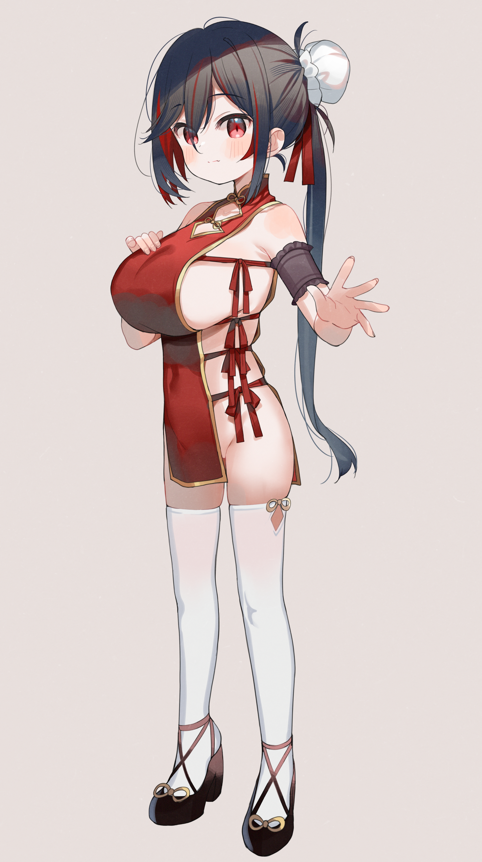 meito (maze), original, absurdres, highres, 1girl, black hair, black shoes, blush, breasts, cleavage cutout, closed mouth, clothing cutout, collarbone, double bun, dress, fang, full body, grey background, hair bun, hair ribbon, high heels, huge breasts, long hair, looking at viewer, red dress, red eyes, red hair, red ribbon, ribbon, shoes, side-tie dress, skin fang, solo, standing, thighhighs, white thighhighs