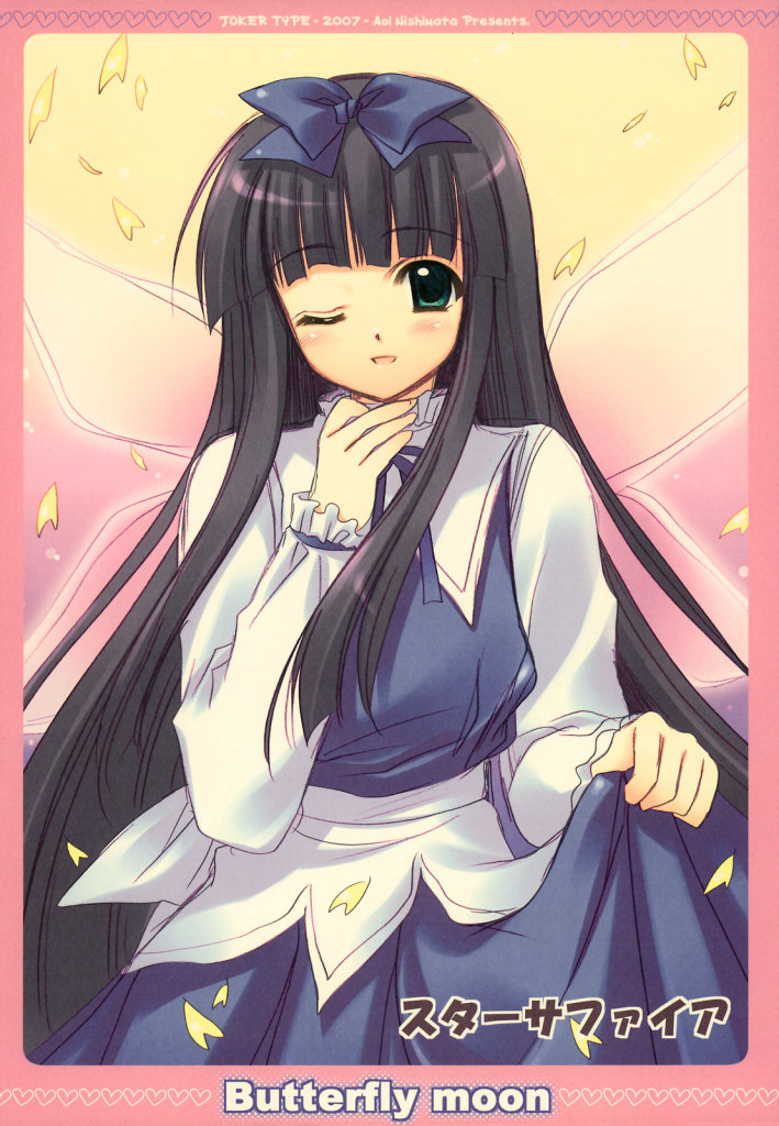 nishimata aoi, star sapphire, eastern and little nature deity, touhou, touhou sangetsusei, duplicate, 1girl, aqua eyes, black hair, blunt bangs, bow, fairy, female focus, gradient background, hair ribbon, hime cut, long hair, one eye closed, petals, ribbon, solo, standing, very long hair, wings, wink