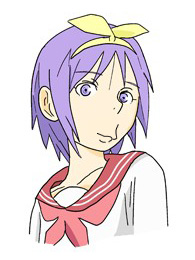 hiiragi tsukasa, eureka seven, eureka seven (series), lucky star, lowres, third-party edit, 1girl, female focus, meme, neta, nijiura 7 (meme), parody, purple eyes, purple hair, school uniform, serafuku, short hair, solo