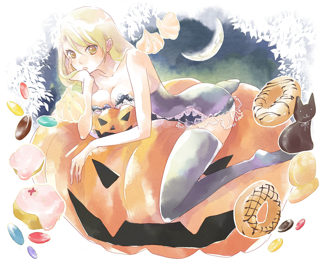 machita, riza hawkeye, fullmetal alchemist, 00s, 1girl, :3, blonde hair, breasts, candy, cat, cleavage, donut, female focus, food, halloween, head rest, jack-o'-lantern, leotard, long hair, pumpkin, solo, thighhighs, yellow eyes