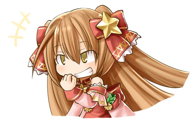 kasuga yukihito, stella lore, emil chronicle online, +++, 1girl, brown hair, chibi, clenched teeth, detached sleeves, dress, grin, hair ornament, hair ribbon, long hair, pink dress, pink sleeves, red ribbon, ribbon, smile, solo, star (symbol), star hair ornament, teeth, two side up, upper body, white background, yellow eyes