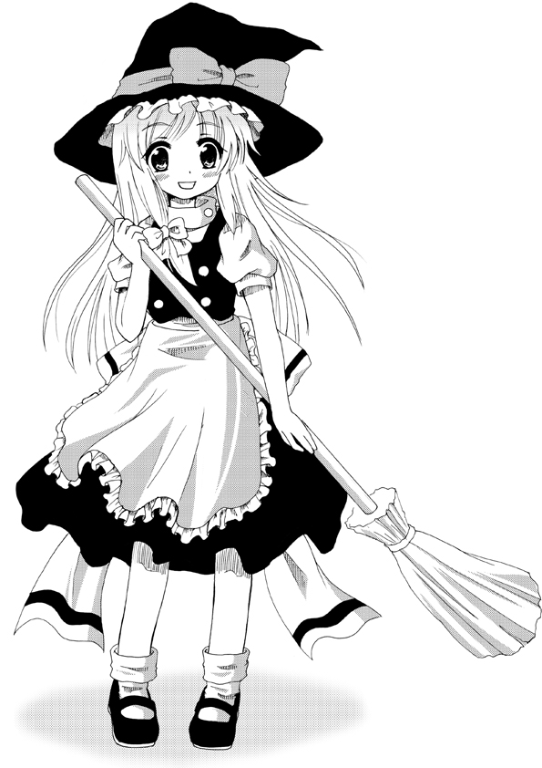 kawai kei (artist), kirisame marisa, touhou, 1girl, broom, female focus, full body, greyscale, hat, monochrome, solo, white background
