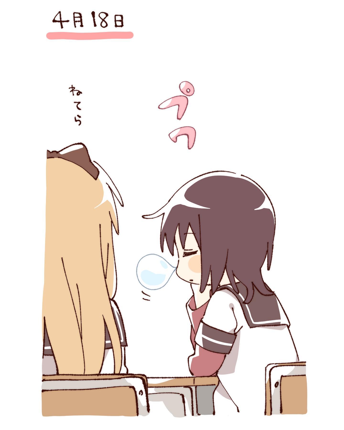 namori, funami yui, toshinou kyouko, yuruyuri, hashtag-only commentary, highres, translation request, 2girls, blonde hair, blush stickers, bow, brown bow, brown hair, brown sailor collar, chair, closed eyes, closed mouth, cropped torso, desk, hair bow, layered sleeves, long hair, long sleeves, multiple girls, nanamori school uniform, nose bubble, sailor collar, school desk, school uniform, shirt, short hair, short over long sleeves, short sleeves, simple background, sitting, sleeping, white background, white shirt, winter uniform