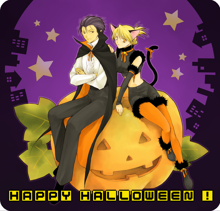 takafuji yuna, riza hawkeye, roy mustang, fullmetal alchemist, bad id, bad pixiv id, 00s, 1boy, 1girl, halloween, happy halloween, jack-o'-lantern, midriff, orange pantyhose, pantyhose, pumpkin