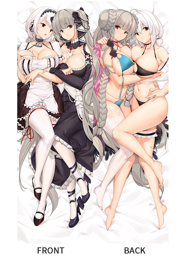 formidable (azur lane), sirius (azur lane), azur lane, bikini, breasts, double dakimakura (medium), grey hair, large breasts, official alternate costume, red eyes, swimsuit, white hair