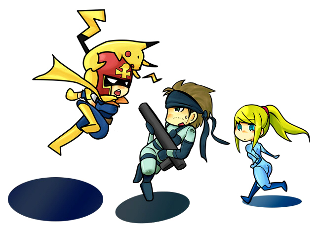 captain falcon, pikachu, samus aran, solid snake, f-zero, metal gear (series), metal gear solid, metroid, nintendo, pokemon, super smash bros., artist request, 1girl, 2boys, ass, blonde hair, blue eyes, bodysuit, brown hair, chibi, facial hair, gen 1 pokemon, gloves, headband, helmet, multiple boys, pokemon (creature), ponytail, scarf, stubble, sweatdrop, tail, weapon, zero suit