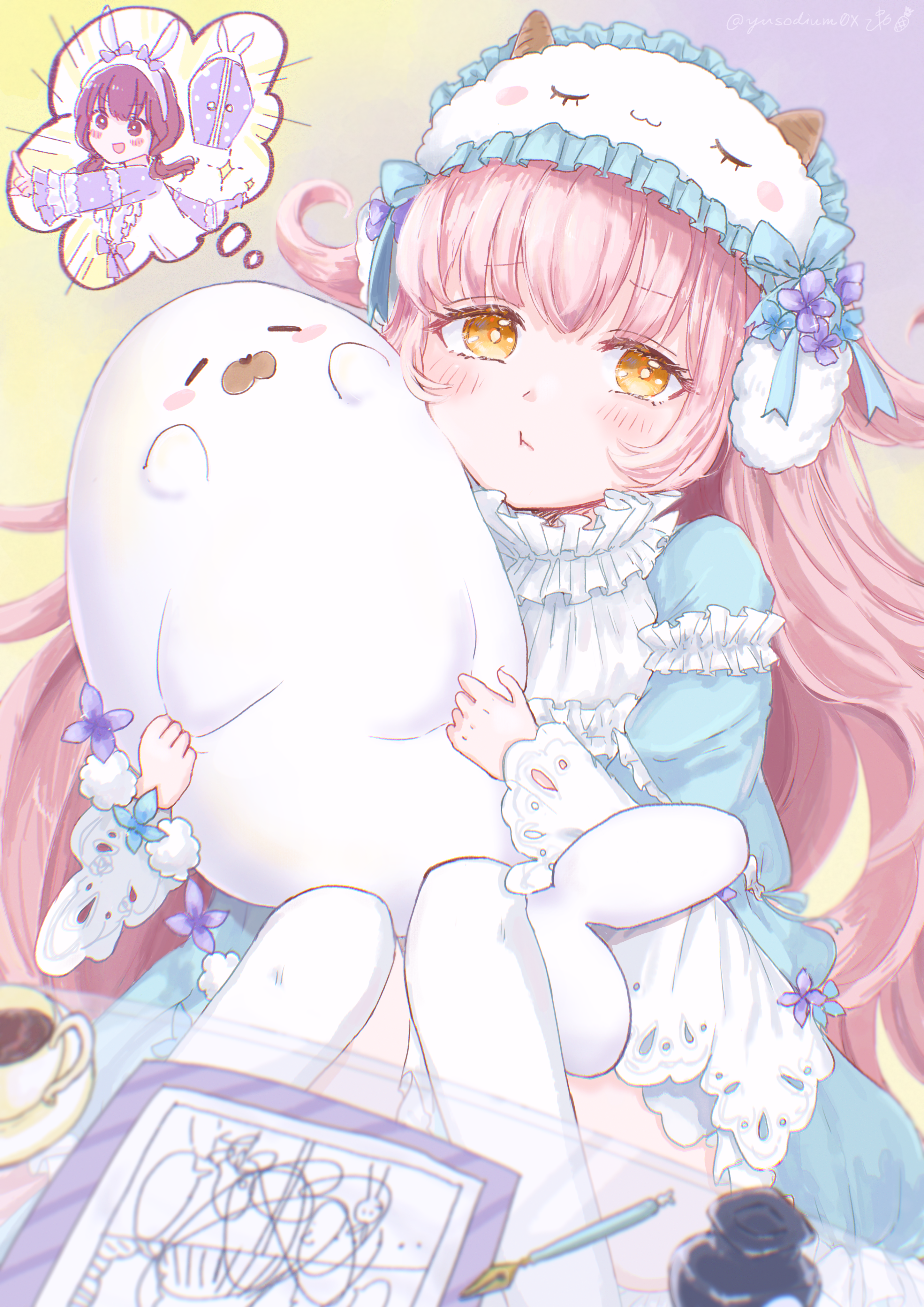 pine (pineapple5459), nikki (series), shining nikki, absurdres, highres, 1girl, :t, blue bow, blue dress, bow, bright pupils, closed mouth, collared dress, cup, dress, eyelashes, feet out of frame, flower, frilled armlet, frilled dress, frilled sleeves, frills, glass table, goat mask, high collar, holding, holding stuffed toy, imagining, inkwell, long hair, long sleeves, looking at viewer, manga (object), medium dress, nib pen (object), pen, peppermint (shining nikki), pink hair, pout, purple background, purple flower, saucer, signature, sleep mask, sleepy bunny (shining nikki), speech bubble, spoken character, stuffed seal, stuffed toy, table, tea, teacup, thought bubble, two-tone background, very long hair, white mask, white pupils, yellow background, yellow eyes