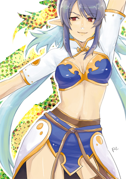 judith (tales), tales of (series), tales of vesperia, 00s, 1girl, blue hair, female focus, looking at viewer, pointy ears, red eyes, smile, solo, thighhighs