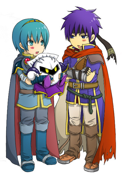 ike (fire emblem), marth (fire emblem), meta knight, fire emblem, fire emblem: mystery of the emblem, fire emblem: path of radiance, kirby (series), nintendo, super smash bros., 2boys, blue eyes, blue hair, cape, gloves, headband, mask, multiple boys, smile, tiara, yellow eyes