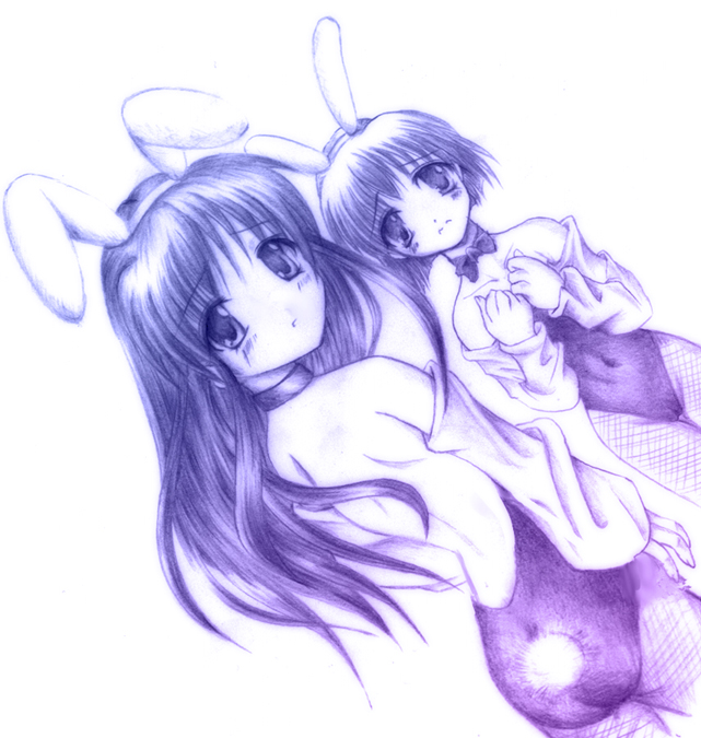 okotan (dewdrops), okotanukunuku, original, bad id, bad pixiv id, 2girls, animal ears, ass, bow, bowtie, detached sleeves, dutch angle, fake animal ears, fishnet pantyhose, fishnets, long hair, monochrome, multiple girls, pantyhose, playboy bunny, purple theme, rabbit ears, short hair