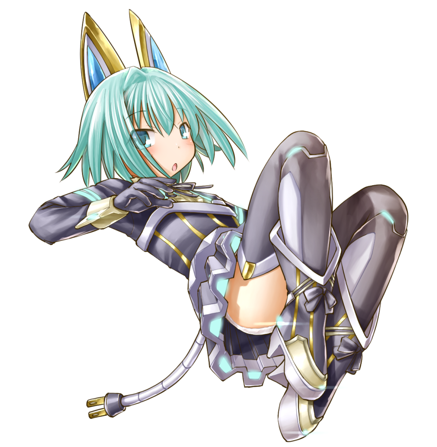 kasuga yukihito, shugoma hazuki, emil chronicle online, 1girl, android, ass, black gloves, black shirt, boots, breasts, electrical outlet, gloves, green eyes, green hair, grey boots, mechanical ears, mechanical legs, mechanical skirt, mechanical tail, open mouth, panties, pantyshot, shirt, small breasts, solo, striped clothes, tail, underwear, white background, white panties
