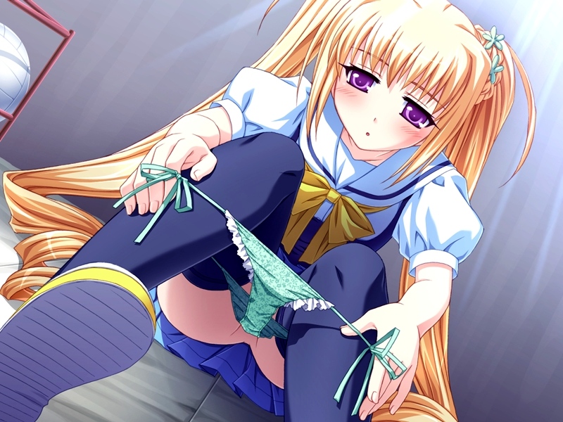 saeki hokuto, ayatsuki riri, ero smash, game cg, 1girl, blonde hair, blush, drill hair, female focus, green panties, no pussy, panties, panty pull, purple eyes, school uniform, side-tie panties, sitting, solo, spread legs, thighhighs, twintails, underwear, upskirt