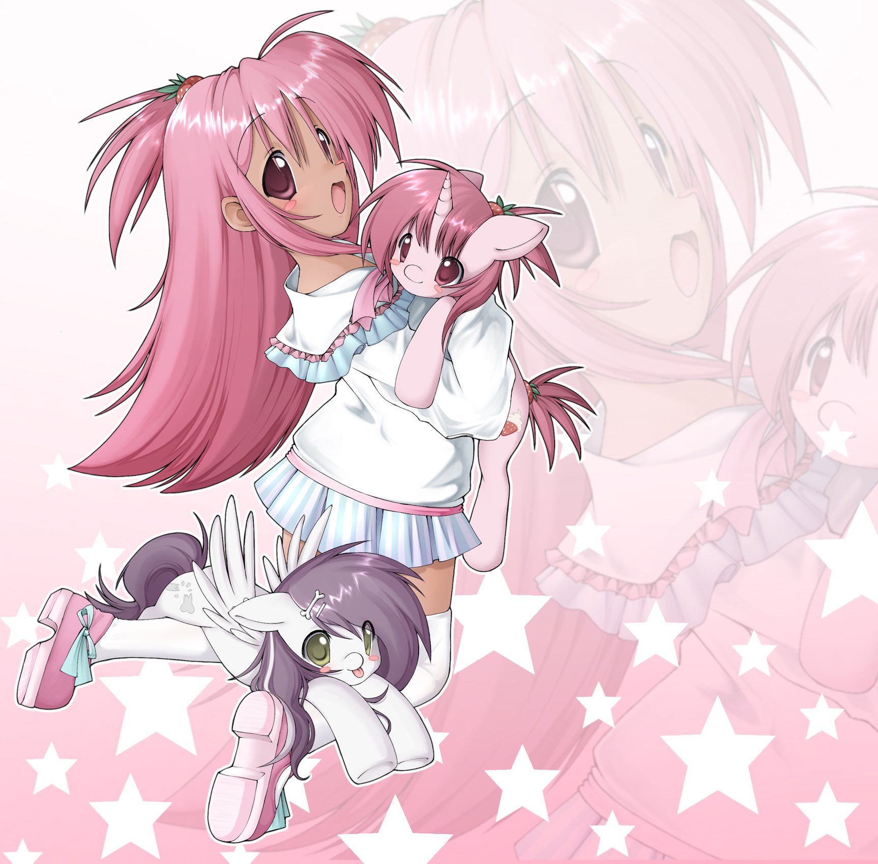 ponymoe, my little pony, original, highres, 1girl, 2000s (style), blush, bone hair ornament, bonnie bones (ponymoe), dark-skinned female, dark skin, faux retro artstyle, food, food-themed hair ornament, fruit, green eyes, hair ornament, long bangs, long hair, open mouth, pink eyes, pink hair, purple hair, skirt, smile, star (symbol), strawberry, strawberry cream (ponymoe), strawberry hair ornament, tareme, unicorn, zoom layer