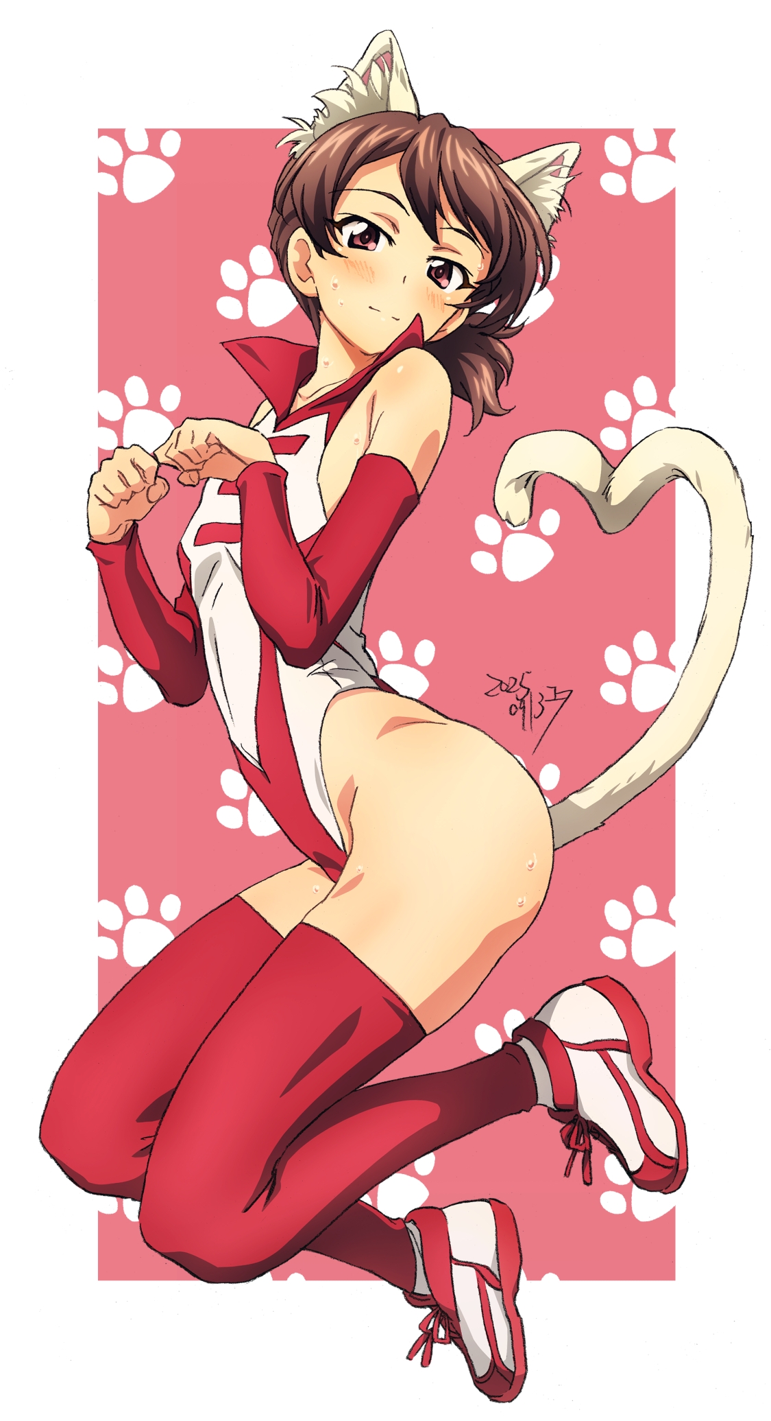 erakin, kawanishi shinobu, girls und panzer, highres, 1girl, animal ear fluff, animal ears, bare hips, bare shoulders, blush, breasts, brown eyes, brown hair, cat ears, cat girl, cat tail, collared leotard, detached sleeves, heart, heart background, leotard, long sleeves, looking at viewer, multicolored leotard, paw pose, pink background, ponytail, red leotard, red sleeves, red thighhighs, short hair, small breasts, solo, sweat, tail, thighhighs, two-tone leotard, white leotard