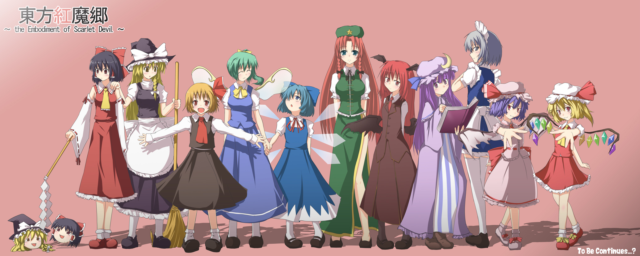 natsume riu, cirno, daiyousei, flandre scarlet, hakurei reimu, hong meiling, izayoi sakuya, kirisame marisa, koakuma, patchouli knowledge, remilia scarlet, rumia, embodiment of scarlet devil, touhou, black legwear, hand on shoulder, silver hair, white legwear, highres, >:), >:d, 6+girls, :d, ^ ^, apron, arm behind back, arms behind back, ascot, bat wings, beret, black hair, blonde hair, blue dress, blue hair, blush, book, bow, braid, breasts, broom, buttons, capelet, china dress, chinese clothes, closed eyes, crescent, detached sleeves, dress, dress shirt, english text, engrish text, everyone, fairy wings, fang, female focus, foreshortening, gohei, gradient background, green eyes, grey eyes, hair bow, hair ribbon, hair tubes, hairband, hat, hat bow, head tilt, head wings, height difference, large bow, large breasts, long hair, long sleeves, looking back, looking up, low wings, maid, maid apron, maid headdress, mary janes, medium breasts, multiple girls, necktie, open book, open mouth, outstretched arms, purple dress, purple eyes, purple hair, ranguage, red eyes, red hair, ribbon, shirt, shoes, short hair, short sleeves, side ponytail, side slit, simple background, single braid, skirt, skirt set, smile, socks, spread arms, star (symbol), striped clothes, striped dress, symmetrical hand pose, thighhighs, twin braids, v-shaped eyebrows, vertical stripes, very long hair, vest, waist apron, white shirt, wide sleeves, wings, witch, witch hat, yellow eyes, yukkuri shiteitte ne, zettai ryouiki