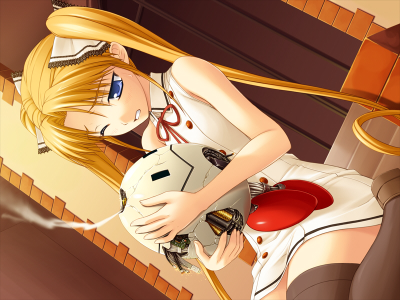 kuonji miyu, kimi ga aruji de shitsuji ga ore de, non-web source, 00s, blonde hair, blue eyes, dutch angle, egg, kneeling, long hair, one eye closed, robot, solo, thighhighs, twintails, wink