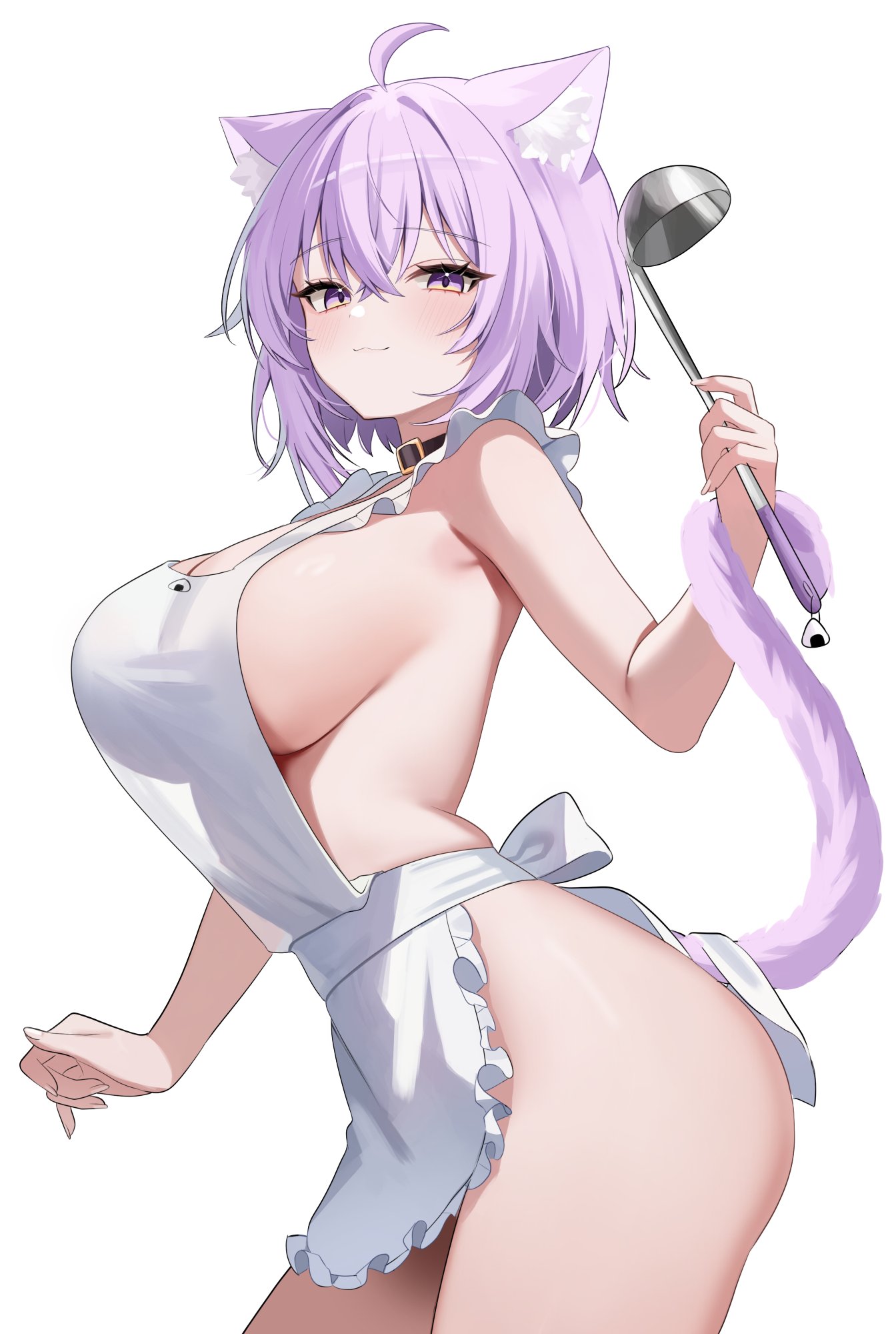 nannung, nekomata okayu, hololive, commentary, highres, symbol-only commentary, 1girl, ahoge, animal collar, animal ear fluff, animal ears, apron, black collar, breasts, cat ears, cat girl, cat tail, cleavage, closed mouth, collar, crossed bangs, double-parted bangs, frilled apron, frills, from side, hair between eyes, holding, holding ladle, ladle, large breasts, looking at viewer, messy hair, naked apron, purple eyes, purple hair, see-through silhouette, short hair, sideboob, simple background, solo, tail, tail around arm, virtual youtuber, white apron, white background