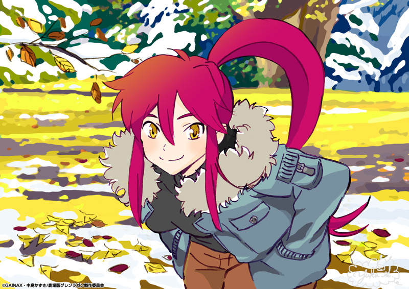 yoko littner, tengen toppa gurren lagann, 00s, gainaxtop, jacket, long hair, ponytail, red hair, solo, yellow eyes