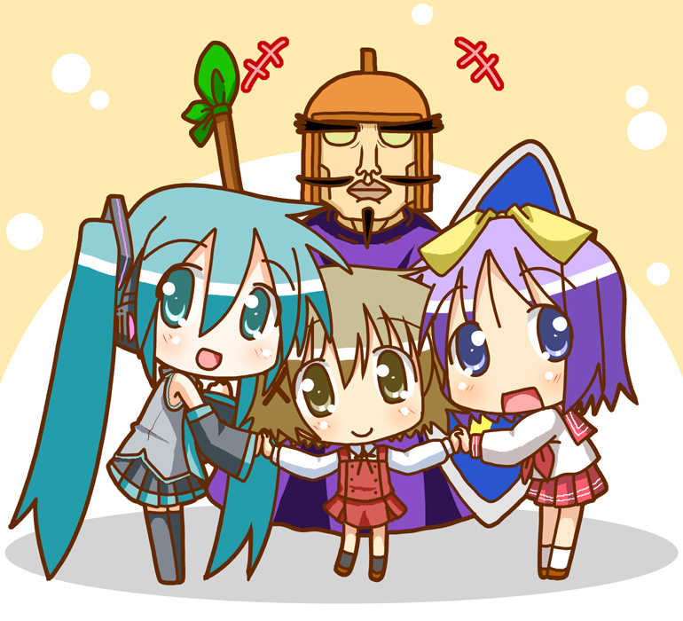 minami (colorful palette), chibi miku, general vamp, hatsune miku, hiiragi tsukasa, yuno (hidamari sketch), hidamari sketch, lucky star, tentai senshi sunred, vocaloid, 00s, 3girls, aqua hair, chibi, crossover, facial hair, helmet, holding hands, multiple girls, mustache, thighhighs, twintails